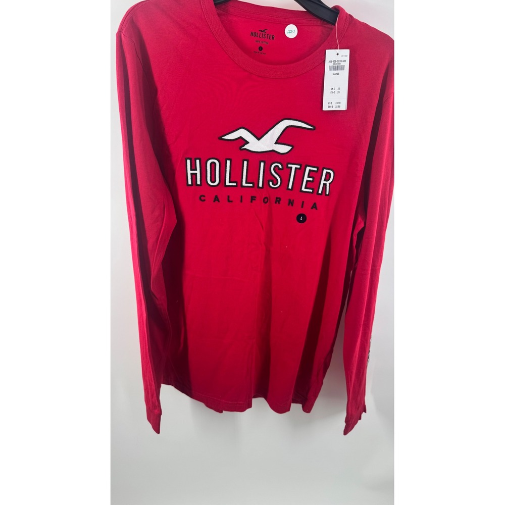 Hollister Mens Long Sleeve Graphic Tee Red‎ Embroidered Logo Seagull Large NEW